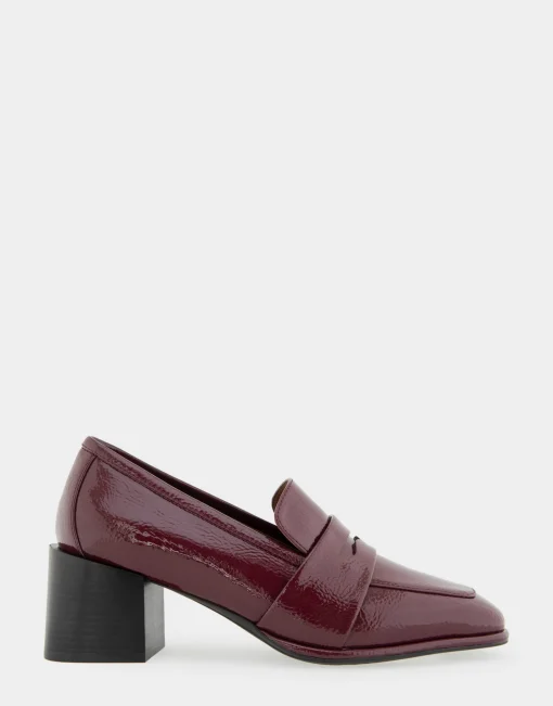 Comfortable Women's Tailored Block Heel Loafer in Burgundy Crinkled Patent Faux Leather Patent Faux Leather