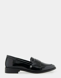 Comfortable Women's Tailored Dress Loafer With Signature Metal Detail in Black Crinkled Patent Faux Leather Patent Faux Leather