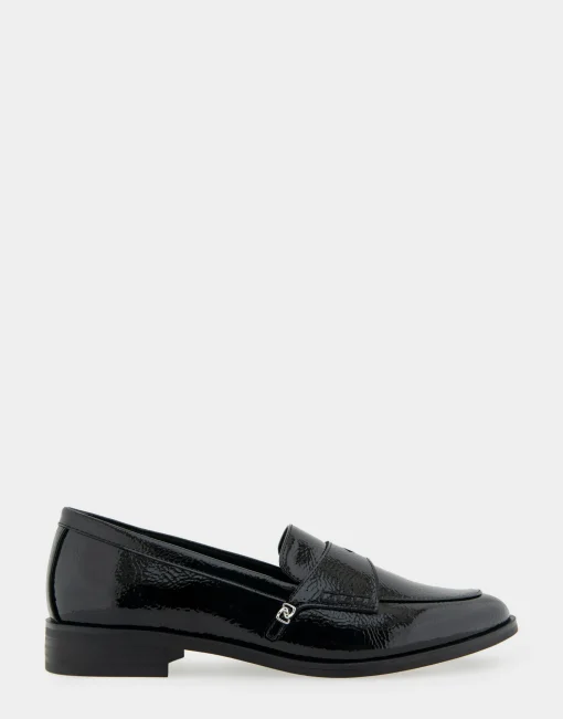 Comfortable Women's Tailored Dress Loafer With Signature Metal Detail in Black Crinkled Patent Faux Leather Patent Faux Leather