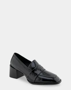 Comfortable Women's Tailored Block Heel Loafer in Black Crinkled Patent Faux Leather Patent Faux Leather
