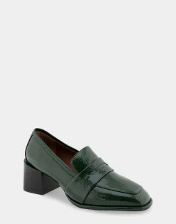 Comfortable Women's Tailored Block Heel Loafer in Fir Green Crinkled Patent Faux Leather Patent Faux Leather