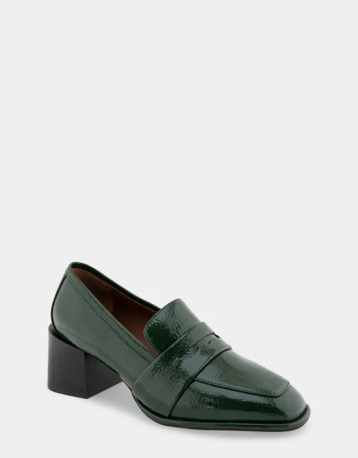 Comfortable Women's Tailored Block Heel Loafer in Fir Green Crinkled Patent Faux Leather Patent Faux Leather