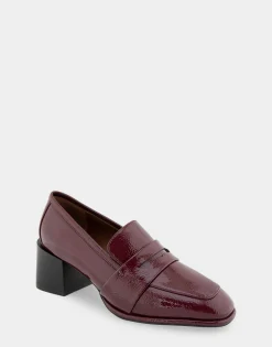 Comfortable Women's Tailored Block Heel Loafer in Burgundy Crinkled Patent Faux Leather Patent Faux Leather