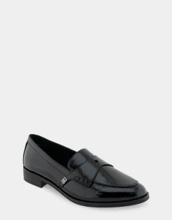 Comfortable Women's Tailored Dress Loafer With Signature Metal Detail in Black Crinkled Patent Faux Leather Patent Faux Leather