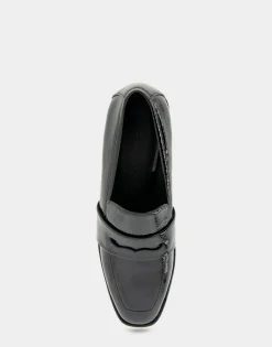 Comfortable Women's Tailored Block Heel Loafer in Black Crinkled Patent Faux Leather Patent Faux Leather