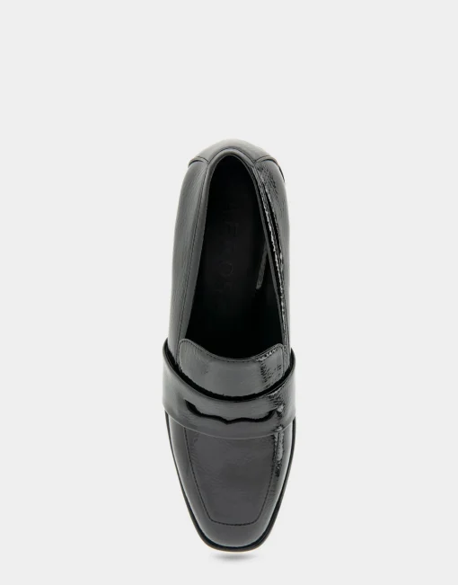 Comfortable Women's Tailored Block Heel Loafer in Black Crinkled Patent Faux Leather Patent Faux Leather