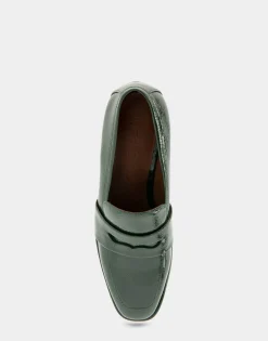 Comfortable Women's Tailored Block Heel Loafer in Fir Green Crinkled Patent Faux Leather Patent Faux Leather