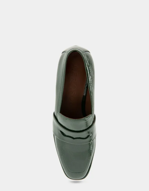 Comfortable Women's Tailored Block Heel Loafer in Fir Green Crinkled Patent Faux Leather Patent Faux Leather