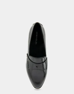 Comfortable Women's Tailored Dress Loafer With Signature Metal Detail in Black Crinkled Patent Faux Leather Patent Faux Leather