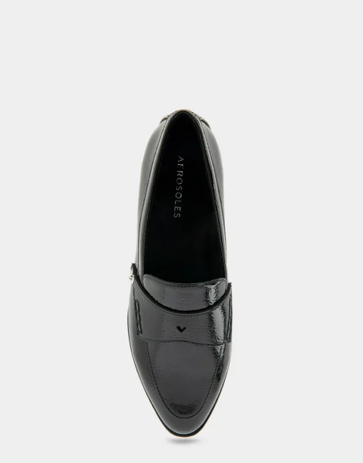 Comfortable Women's Tailored Dress Loafer With Signature Metal Detail in Black Crinkled Patent Faux Leather Patent Faux Leather