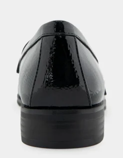 Comfortable Women's Tailored Dress Loafer With Signature Metal Detail in Black Crinkled Patent Faux Leather Patent Faux Leather