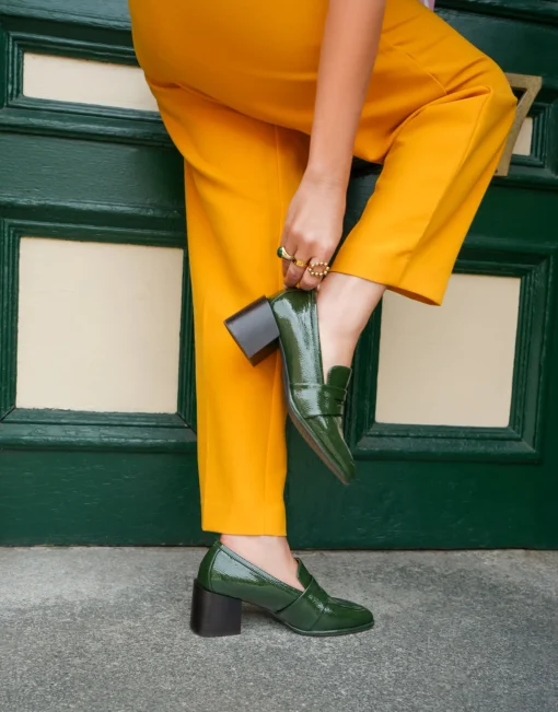 Comfortable Women's Tailored Block Heel Loafer in Fir Green Crinkled Patent Faux Leather Patent Faux Leather