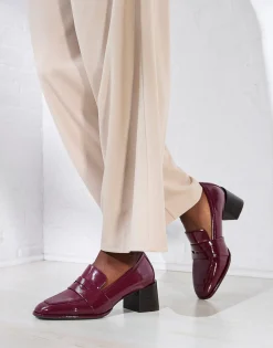 Comfortable Women's Tailored Block Heel Loafer in Burgundy Crinkled Patent Faux Leather Patent Faux Leather