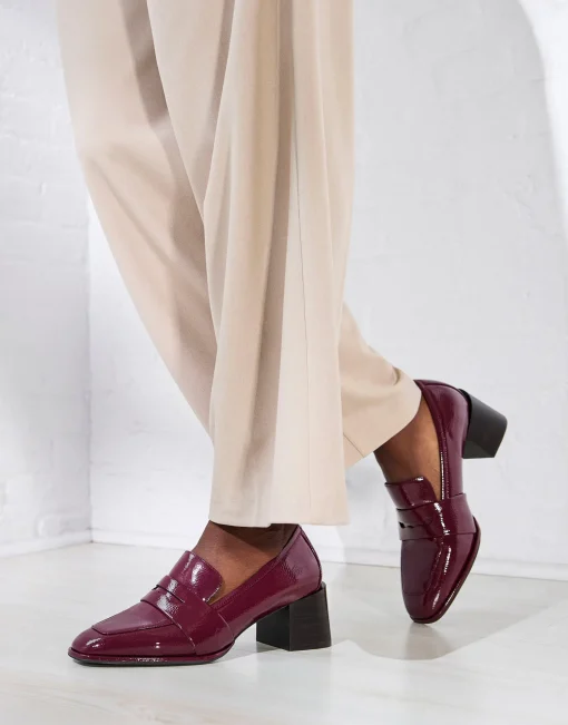 Comfortable Women's Tailored Block Heel Loafer in Burgundy Crinkled Patent Faux Leather Patent Faux Leather