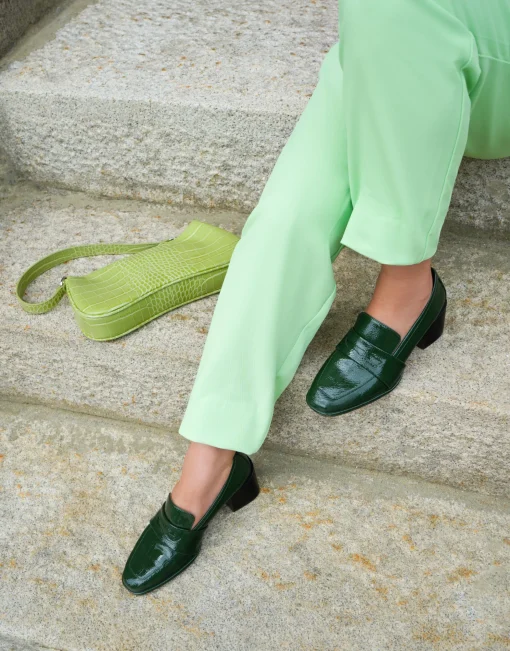 Comfortable Women's Tailored Block Heel Loafer in Fir Green Crinkled Patent Faux Leather Patent Faux Leather