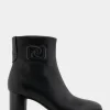 Comfortable Women's Tapered Toe Covered Heel Bootie in Black Leather