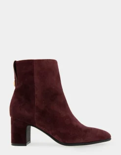 Comfortable Women's Tapered Toe Covered Heel Bootie in Deep Aubergine Suede