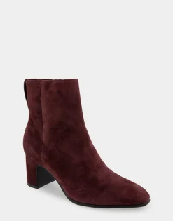 Comfortable Women's Tapered Toe Covered Heel Bootie in Deep Aubergine Suede