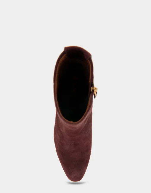 Comfortable Women's Tapered Toe Covered Heel Bootie in Deep Aubergine Suede