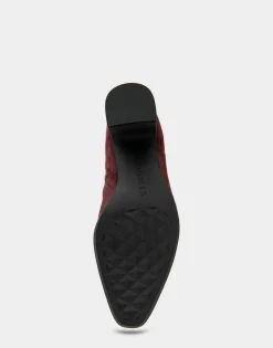 Comfortable Women's Tapered Toe Covered Heel Bootie in Deep Aubergine Suede