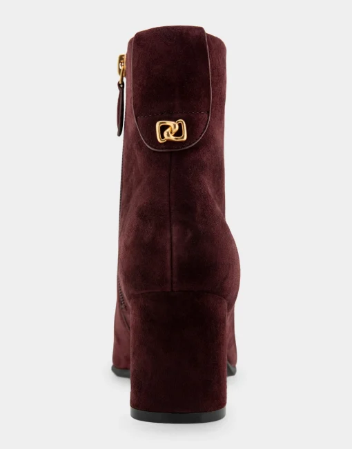 Comfortable Women's Tapered Toe Covered Heel Bootie in Deep Aubergine Suede