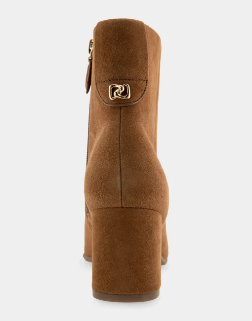Comfortable Women's Tapered Toe Covered Heel Bootie in Tobacco Suede
