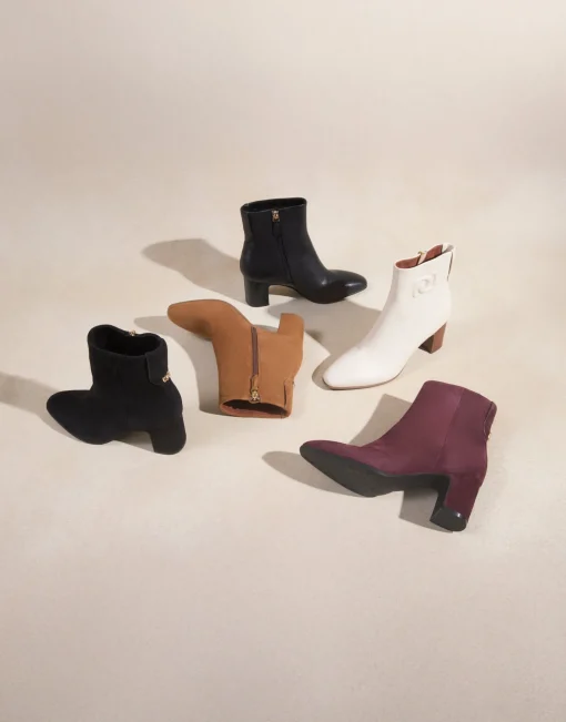 Comfortable Women's Tapered Toe Covered Heel Bootie in Deep Aubergine Suede