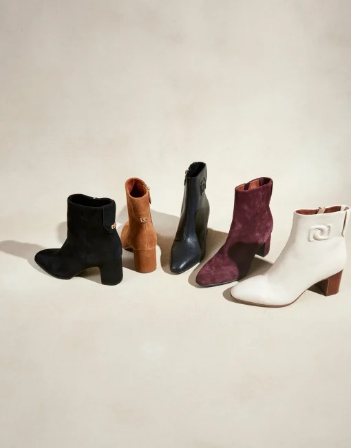 Comfortable Women's Tapered Toe Covered Heel Bootie in Deep Aubergine Suede
