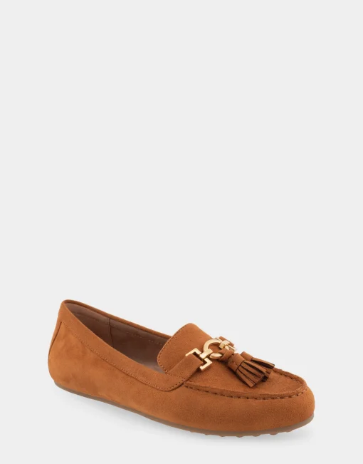 Comfortable Women's Tasseled Loafer in Tan Faux Suede