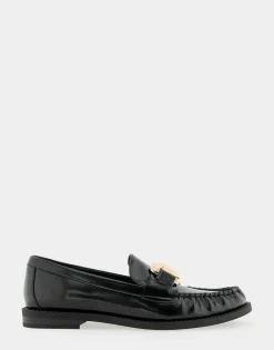 Comfortable Women's Textured Rose Chain Link Flexible Tailored Weejun Loafer in Black Faux Leather Faux Leather