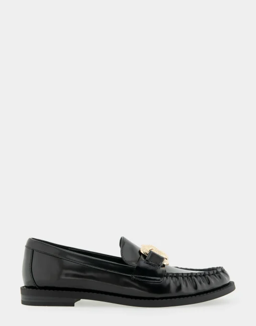 Comfortable Women's Textured Rose Chain Link Flexible Tailored Weejun Loafer in Black Faux Leather Faux Leather