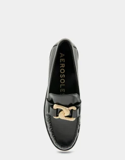 Comfortable Women's Textured Rose Chain Link Flexible Tailored Weejun Loafer in Black Faux Leather Faux Leather