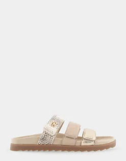 Comfortable Women's Three Band Footbed Sandal in Gold Metallic Leather