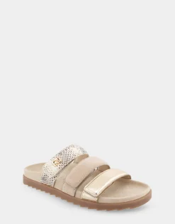 Comfortable Women's Three Band Footbed Sandal in Gold Metallic Leather