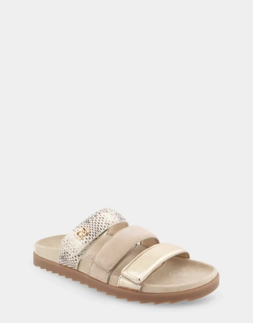 Comfortable Women's Three Band Footbed Sandal in Gold Metallic Leather