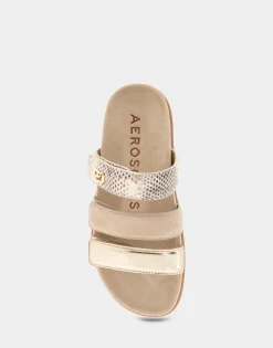 Comfortable Women's Three Band Footbed Sandal in Gold Metallic Leather