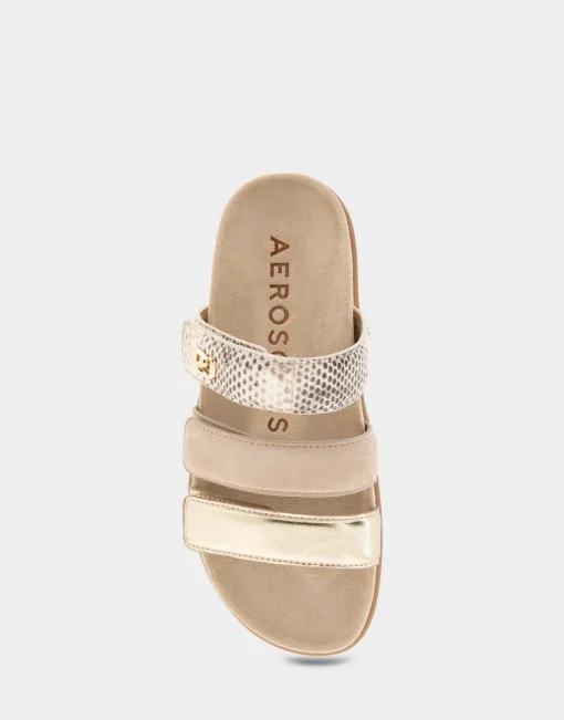 Comfortable Women's Three Band Footbed Sandal in Gold Metallic Leather