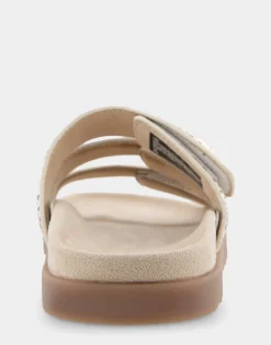 Comfortable Women's Three Band Footbed Sandal in Gold Metallic Leather