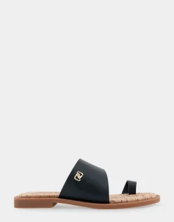 Comfortable Women's Toe Ring Sandal in Black Faux Leather