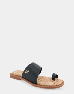 Comfortable Women's Toe Ring Sandal in Black Faux Leather
