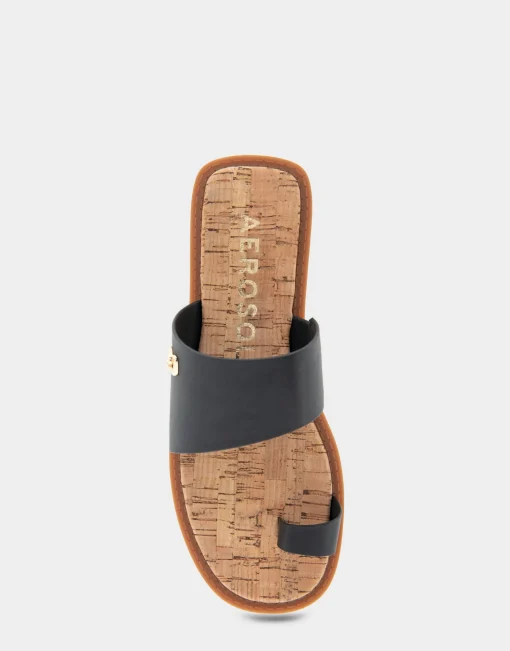 Comfortable Women's Toe Ring Sandal in Black Faux Leather