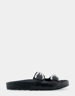 Comfortable Women's Two Band Molded Footbed Sandal in Black Leather