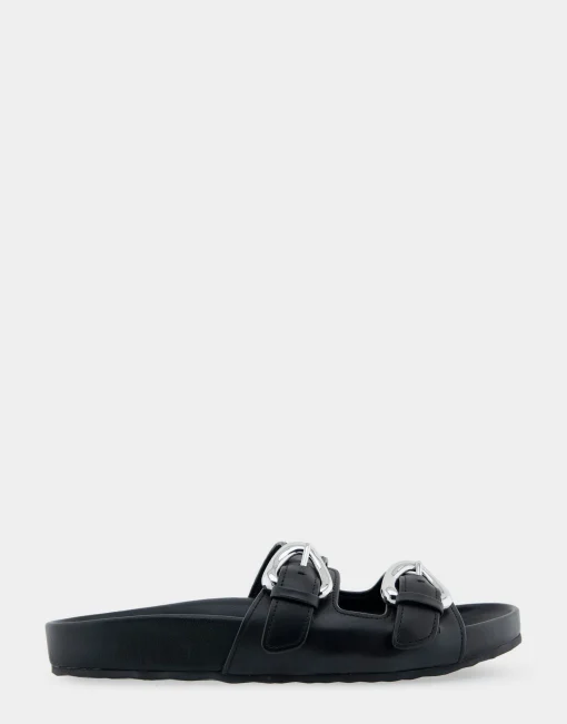 Comfortable Women's Two Band Molded Footbed Sandal in Black Leather