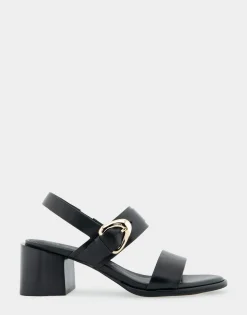Comfortable Women's Two Band Slingback Block Heel Sandal in Black Leather