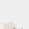 Comfortable Women's Two Band Mid Wedge Slide Sandal in Eggnog Patent Faux Leather