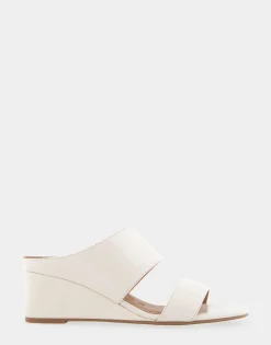Comfortable Women's Two Band Mid Wedge Slide Sandal in Eggnog Patent Faux Leather