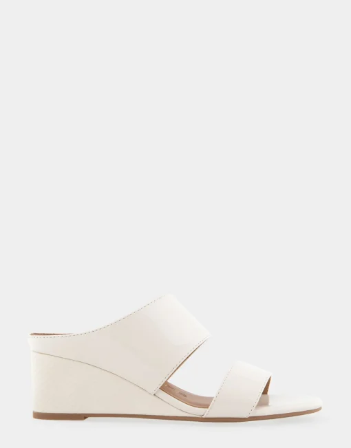 Comfortable Women's Two Band Mid Wedge Slide Sandal in Eggnog Patent Faux Leather