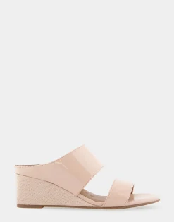 Comfortable Women's Two Band Mid Wedge Slide Sandal in Cipria Faux Leather