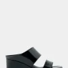 Comfortable Women's Two Band Mid Wedge Slide Sandal in Black Patent Faux Leather