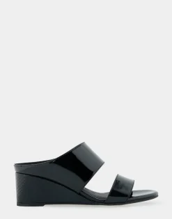 Comfortable Women's Two Band Mid Wedge Slide Sandal in Black Patent Faux Leather